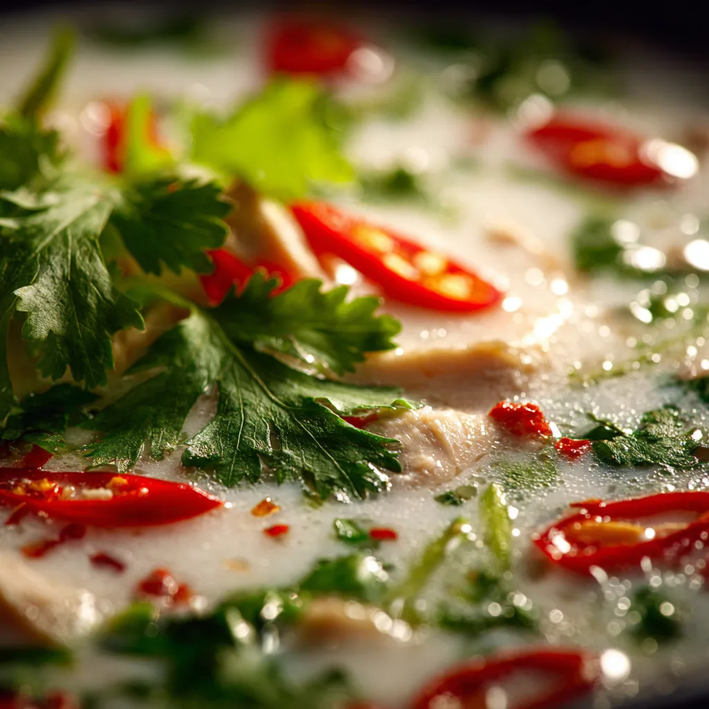 Nahaufnahme der cremigen Textur von Thai-Kokos-Suppe mit Koriander und Chilischeiben