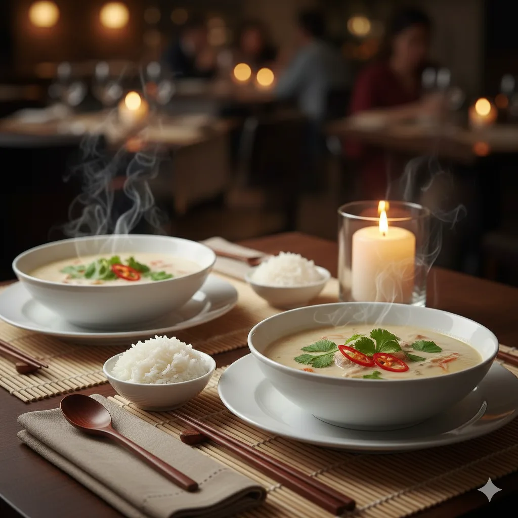 Thai-Kokos-Suppe serviert auf gedecktem Tisch mit Jasminreis und Beilagen