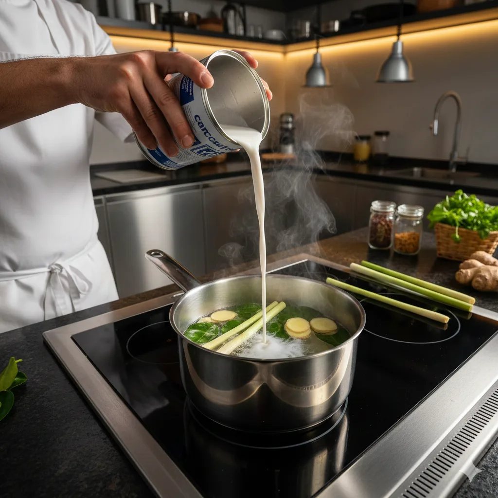 Kokosmilch wird in Topf mit Zitronengras und Gewürzen für Thai-Kokos-Suppe gegossen