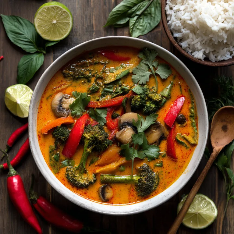 Thai Rotes Gemüsecurry in weißer Schale von oben fotografiert mit frischem Gemüse und Jasminreis