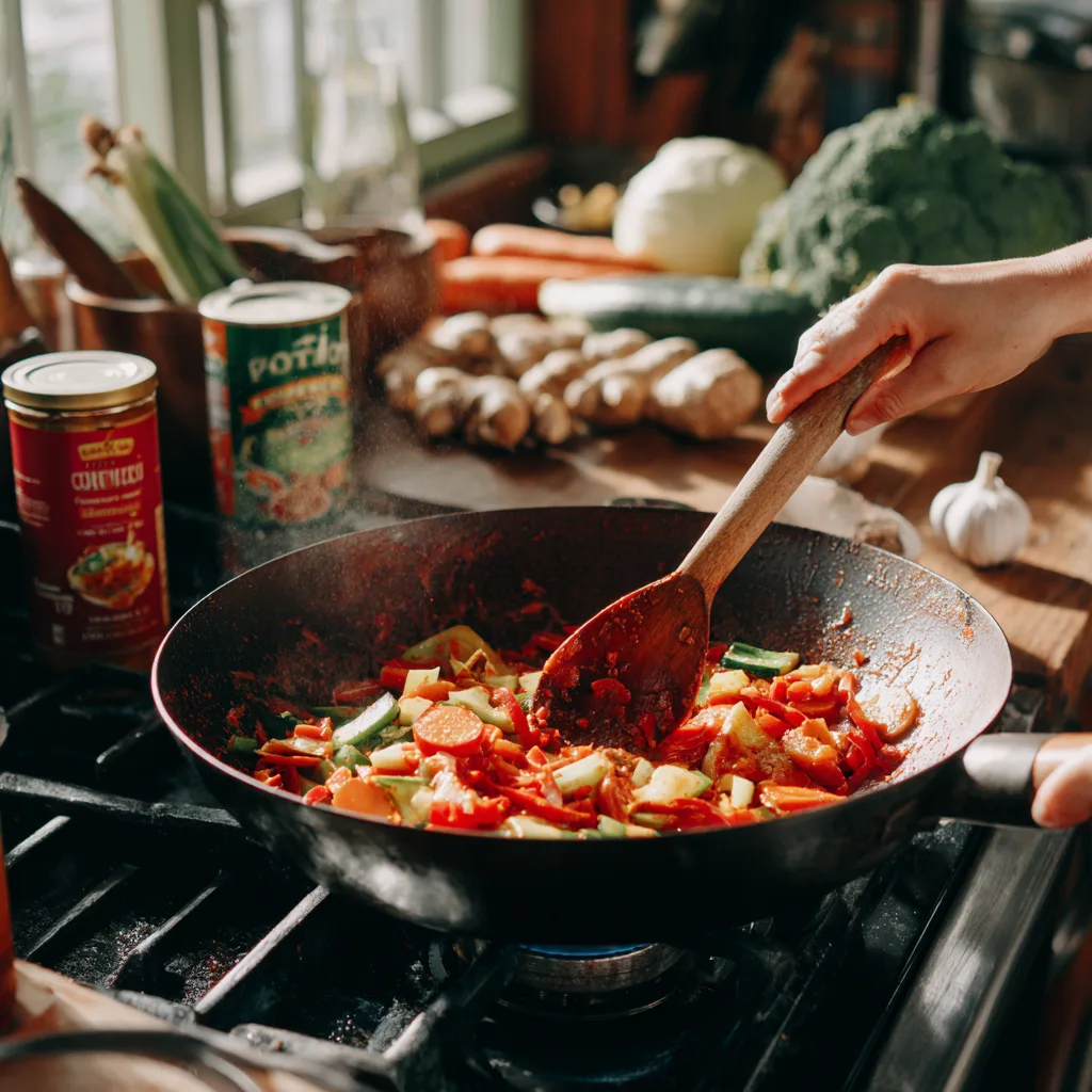 Thai Rotes Gemüsecurry wird im Wok gekocht mit frischen Zutaten in der Küche