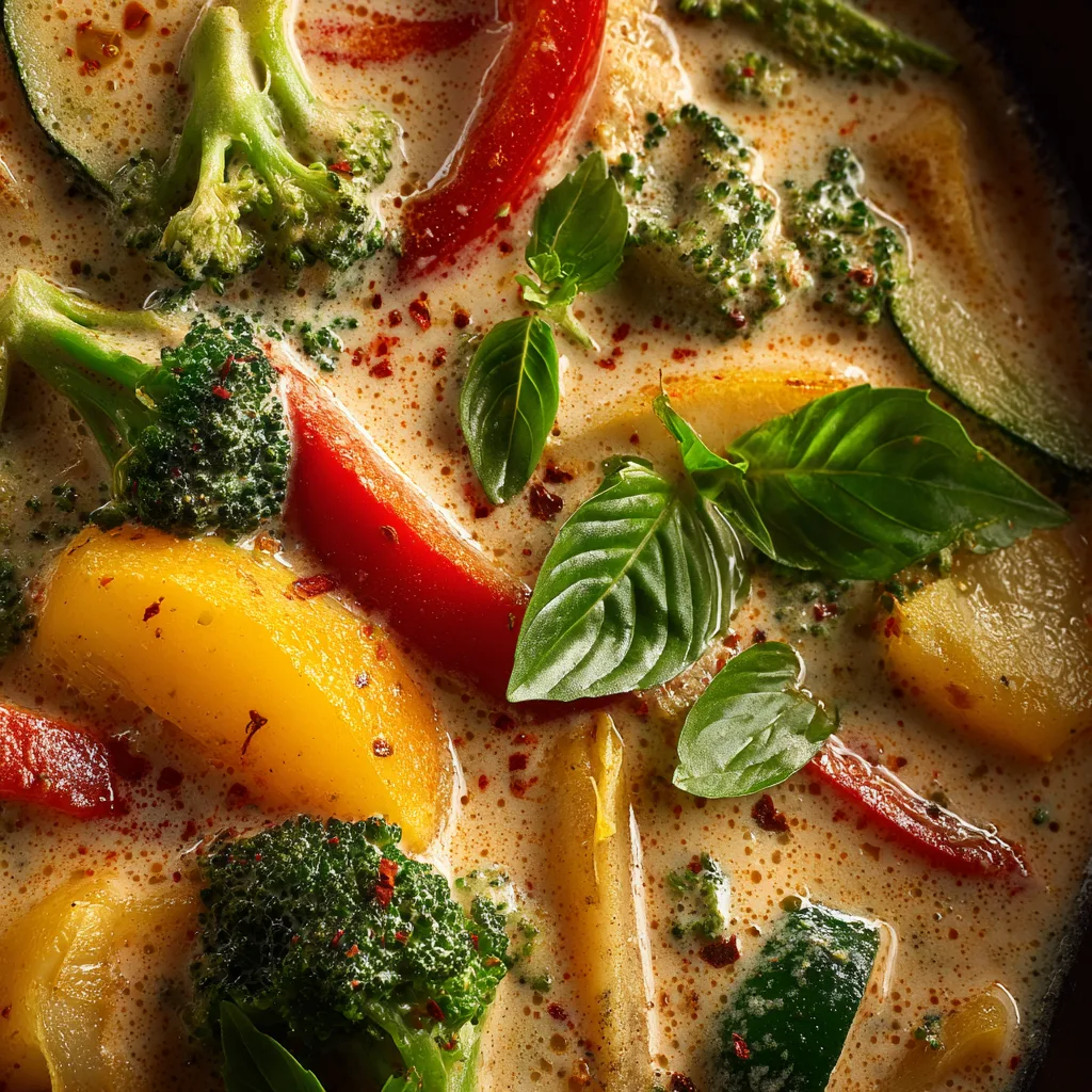 Nahaufnahme Thai Rotes Gemüsecurry mit cremiger Kokosmilchsauce und frischem Gemüse