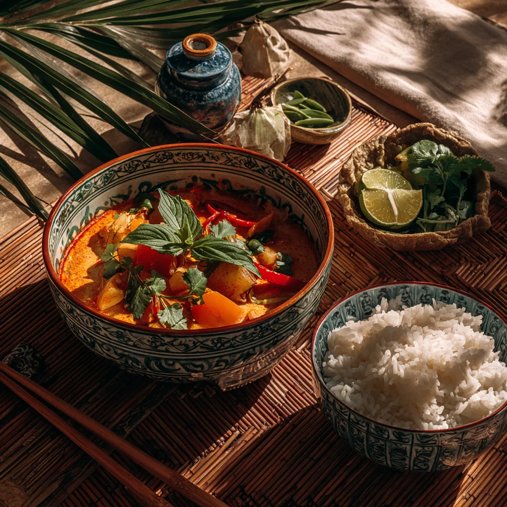 Thai Rotes Gemüsecurry serviert am gedeckten Tisch mit Reis und Beilagen