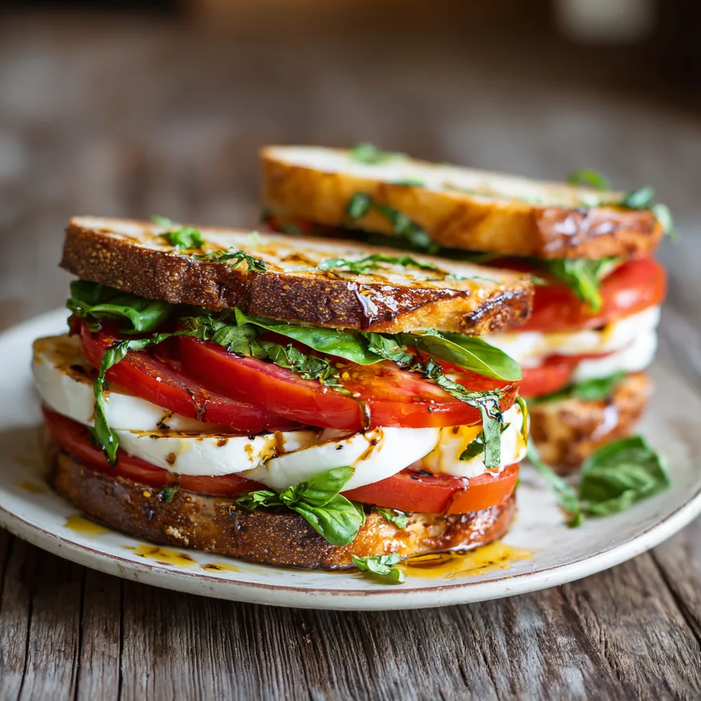 Tomaten-Mozzarella-Sandwich mit frischem Basilikum von oben fotografiert