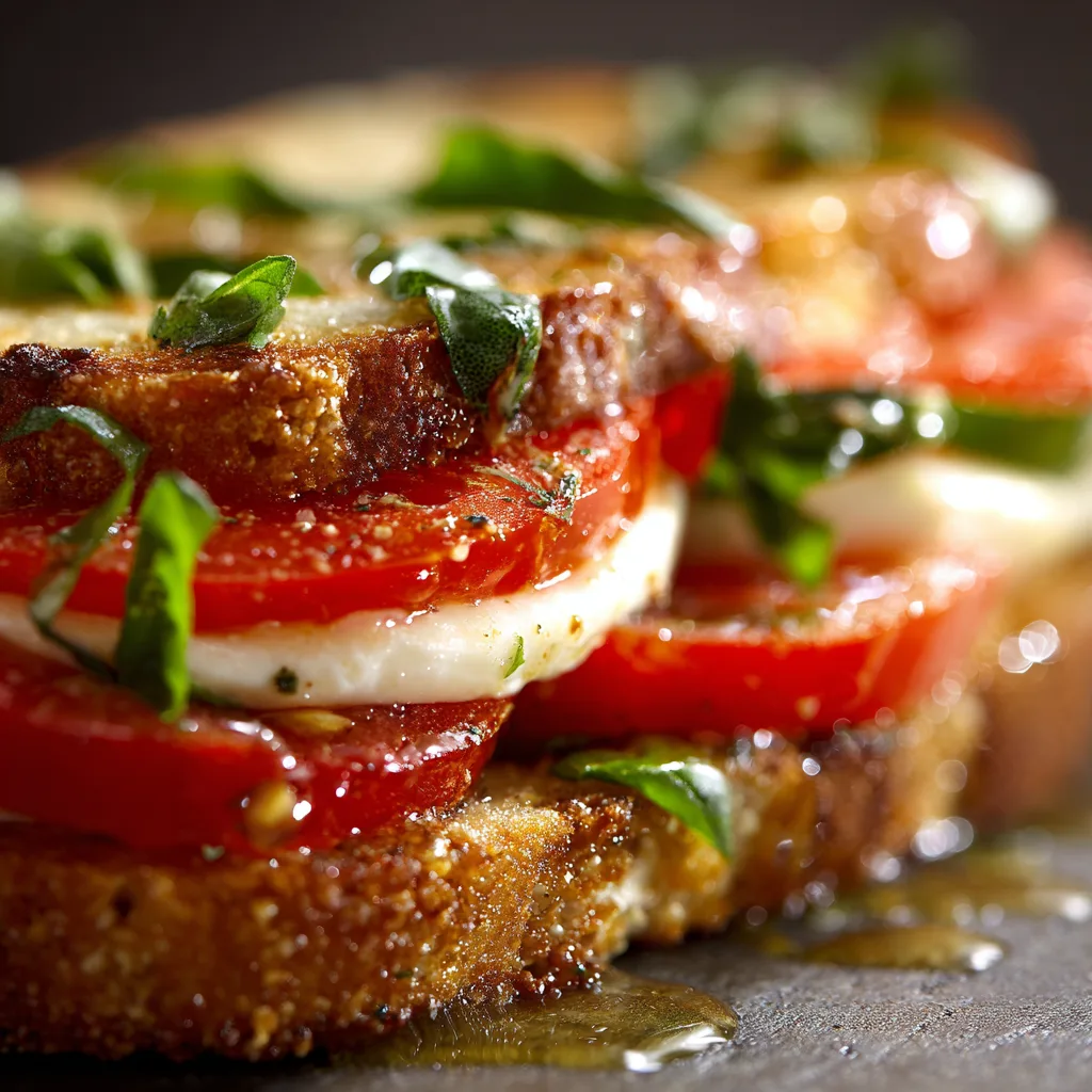 Nahaufnahme der cremigen Mozzarella-Schichten im Tomaten-Mozzarella-Sandwich
