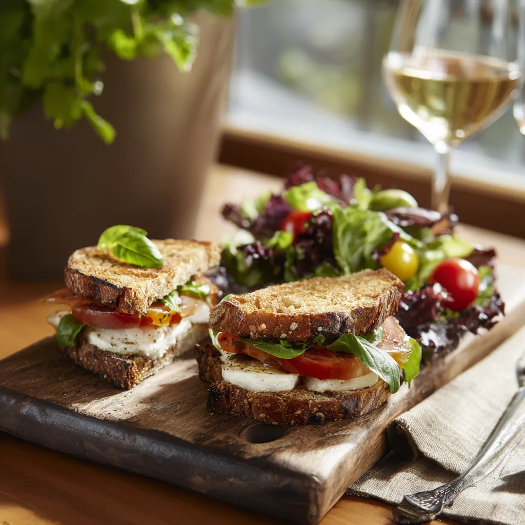 Serviervorschlag für Tomaten-Mozzarella-Sandwich mit Beilagen