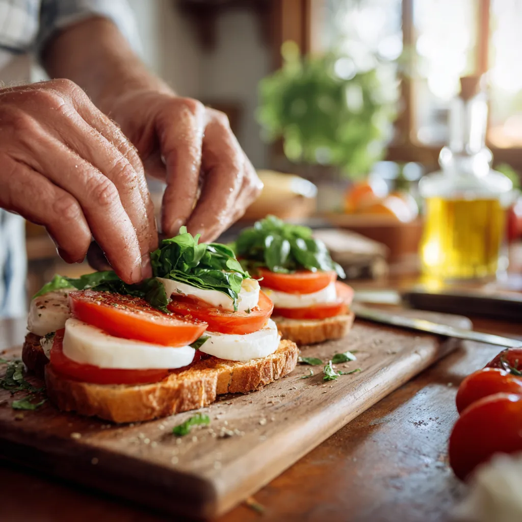 Zubereitung eines Tomaten-Mozzarella-Sandwich in der Küche