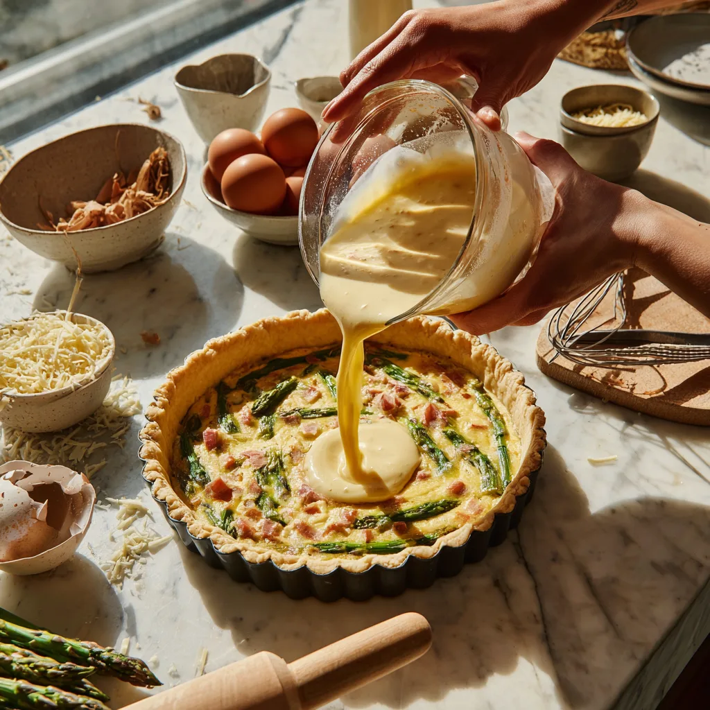 Zubereitung von Spargel-Schinken-Quiche in moderner Küche mit Zutaten