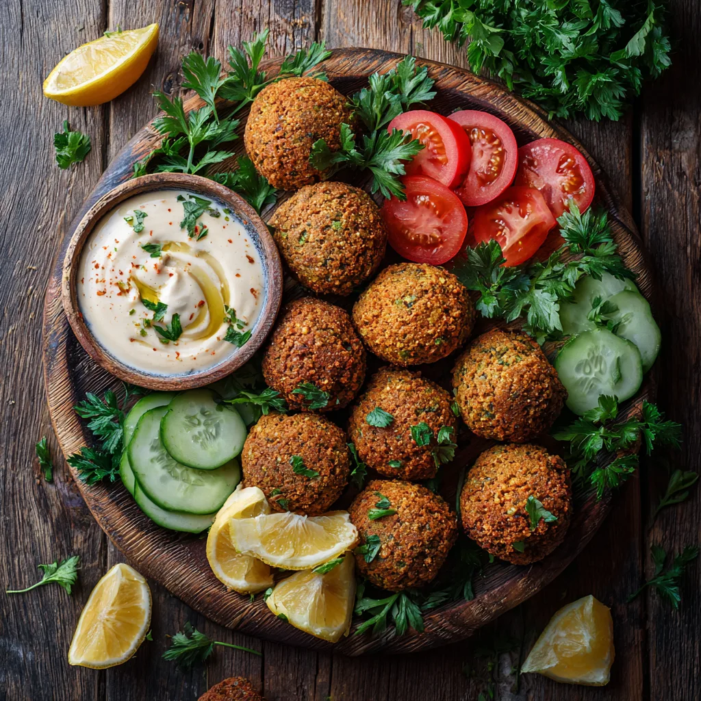 Vegane Falafel Draufsicht mit frischen Kräutern und Tahini-Sauce auf rustikalem Holzbrett