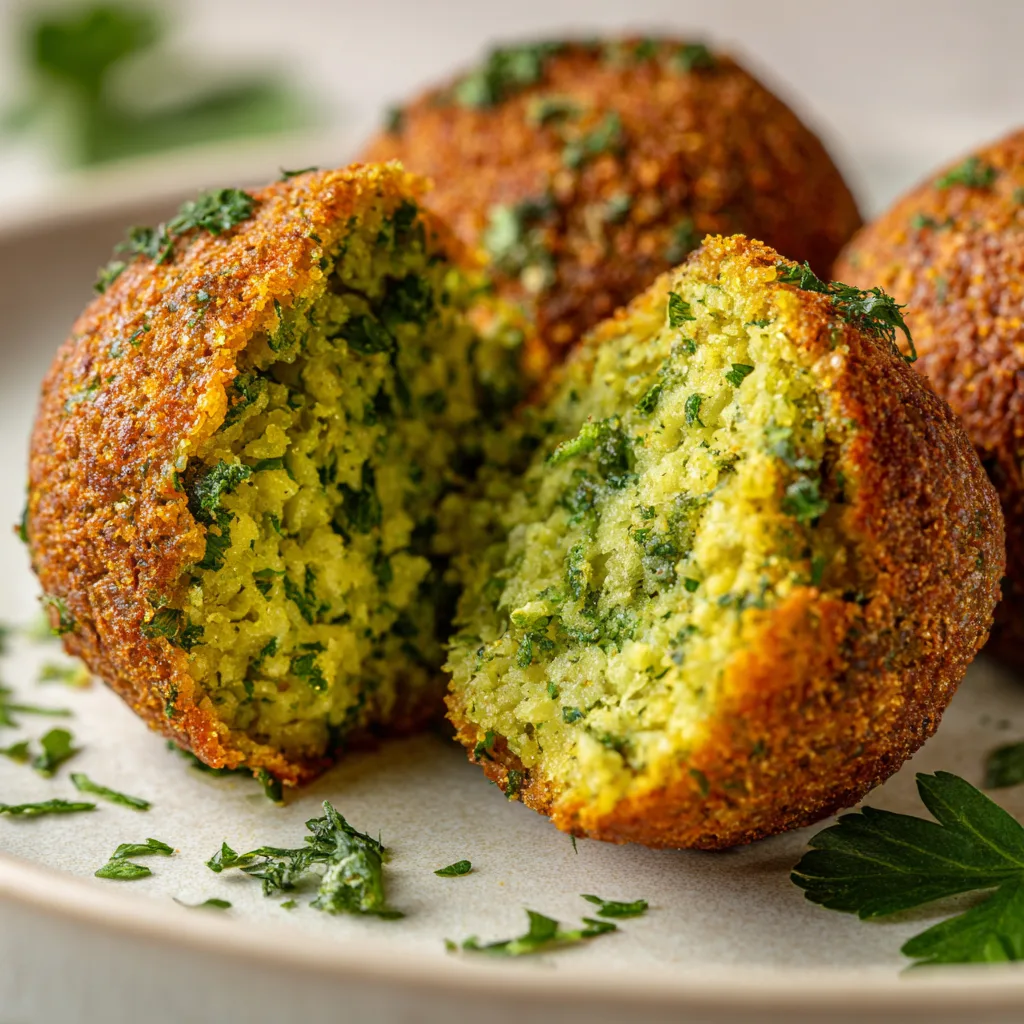 Vegane Falafel aufgeschnitten Nahaufnahme mit grünem Inneren und knuspriger Kruste