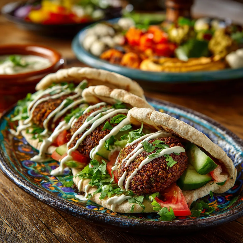 Vegane Falafel im Pita-Brot serviert mit Salat Tomaten und Tahini-Sauce