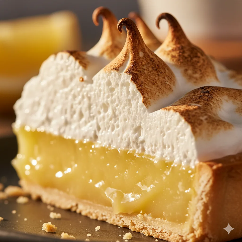 Nahaufnahme Zitronen-Baiser-Torte zeigt cremige Zitronenfüllung und luftiges Baiser im Detail