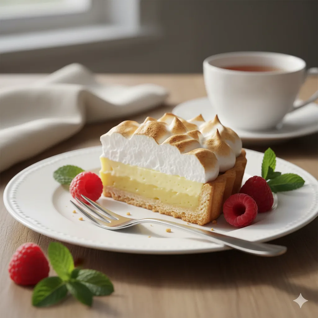 Zitronen-Baiser-Torte Stück serviert auf weißem Teller mit Beeren und Tee