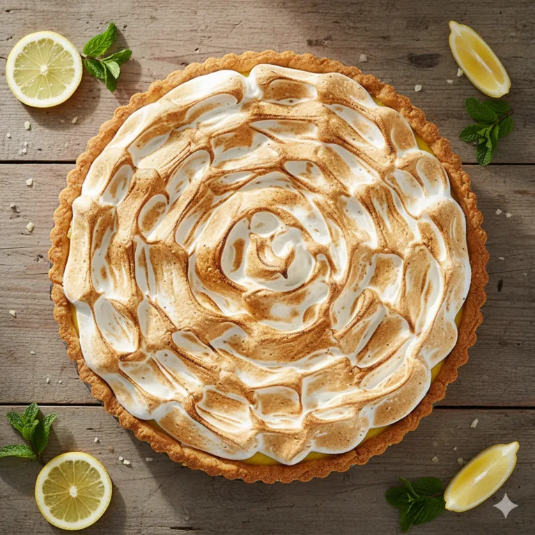 Zitronen-Baiser-Torte von oben mit goldbraunen Baiserspitzen auf rustikalem Holztisch