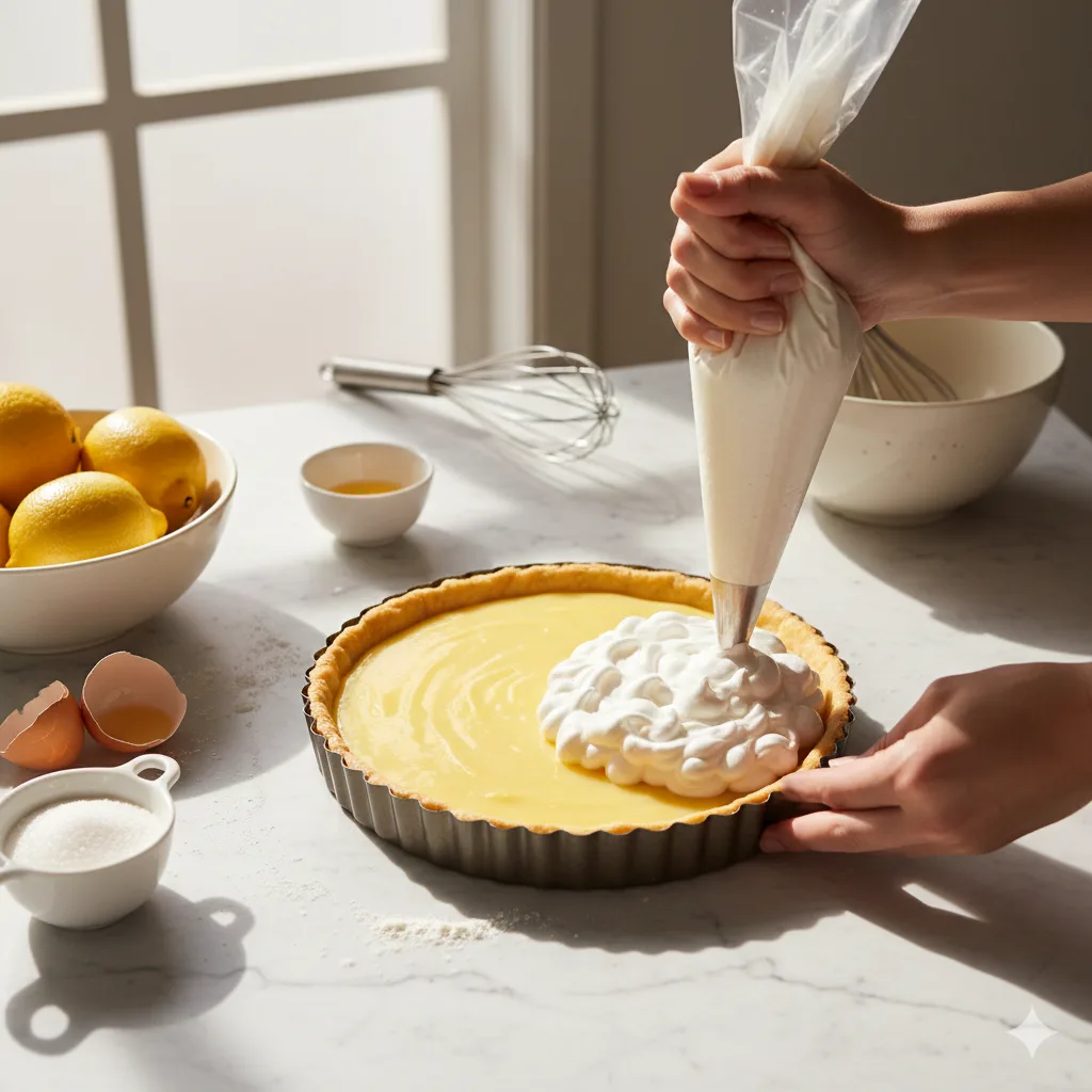 Zitronen-Baiser-Torte Zubereitung – Baiser wird auf Zitronencreme verteilt in Küche