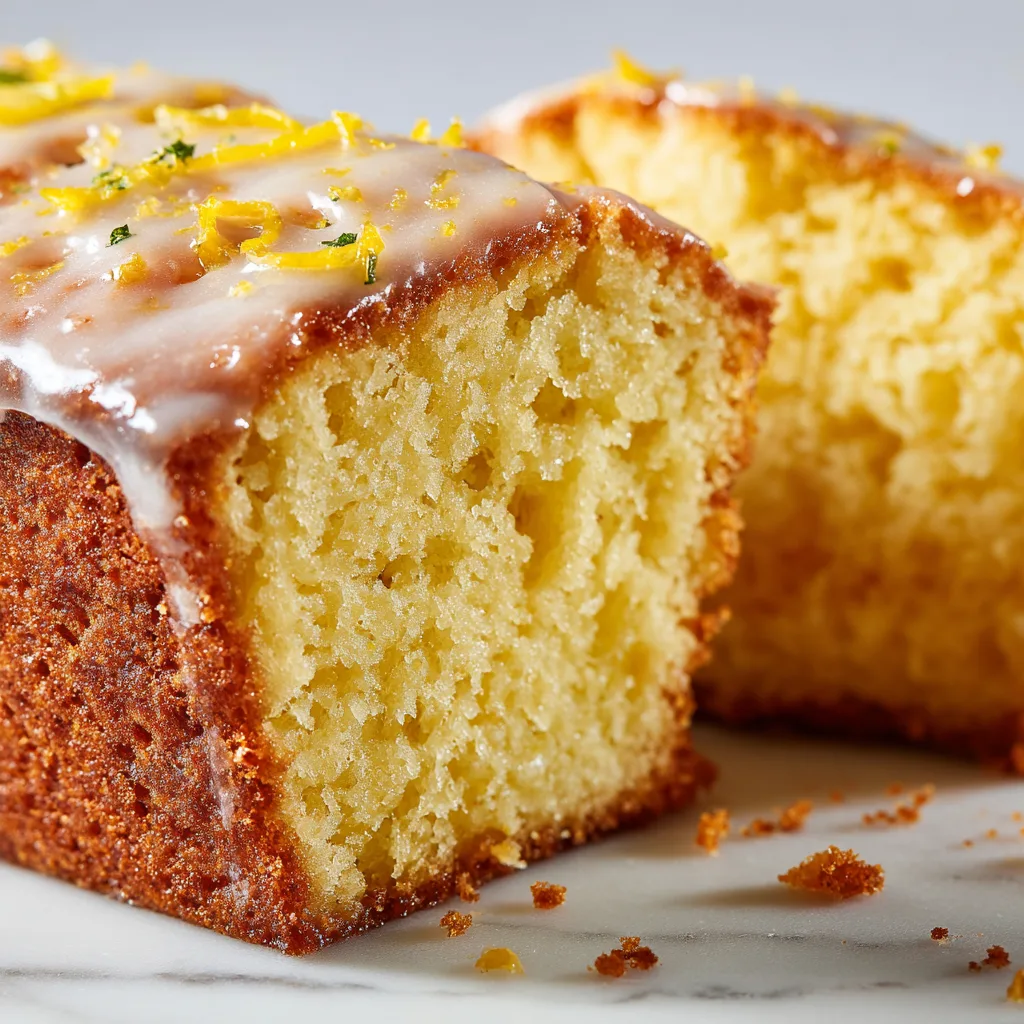 Angeschnittener Zitronenkuchen zeigt saftige Textur und lockere Krume im Detail
