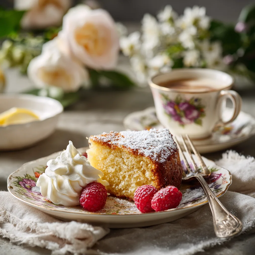 Elegantes Kuchenstück Zitronenkuchen serviert mit Sahne und Beeren zum Kaffee