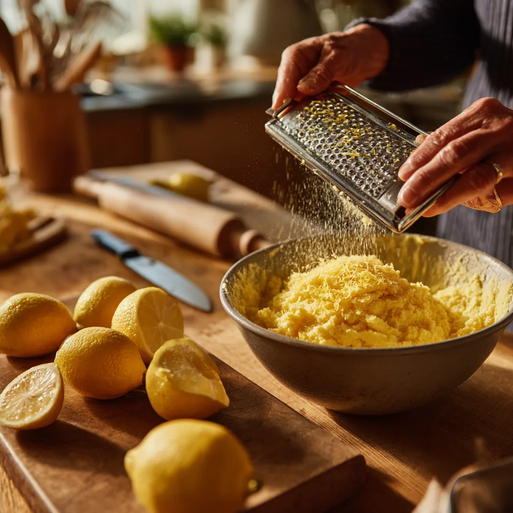 Zitronenschale wird frisch über Kuchenteig gerieben für intensives Aroma