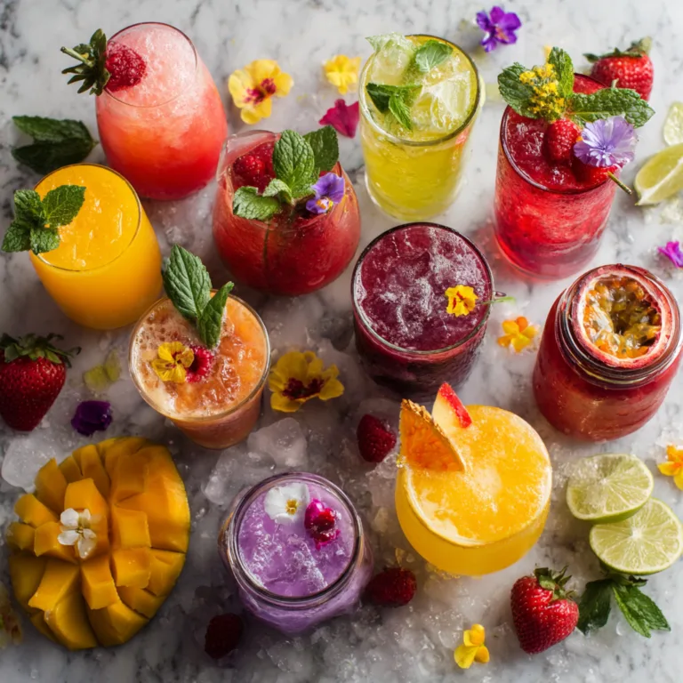 Alkoholfreie Früchte Cocktails - 15 bunte Mocktails mit frischen Beeren und Zitrusfrüchten von oben fotografiert