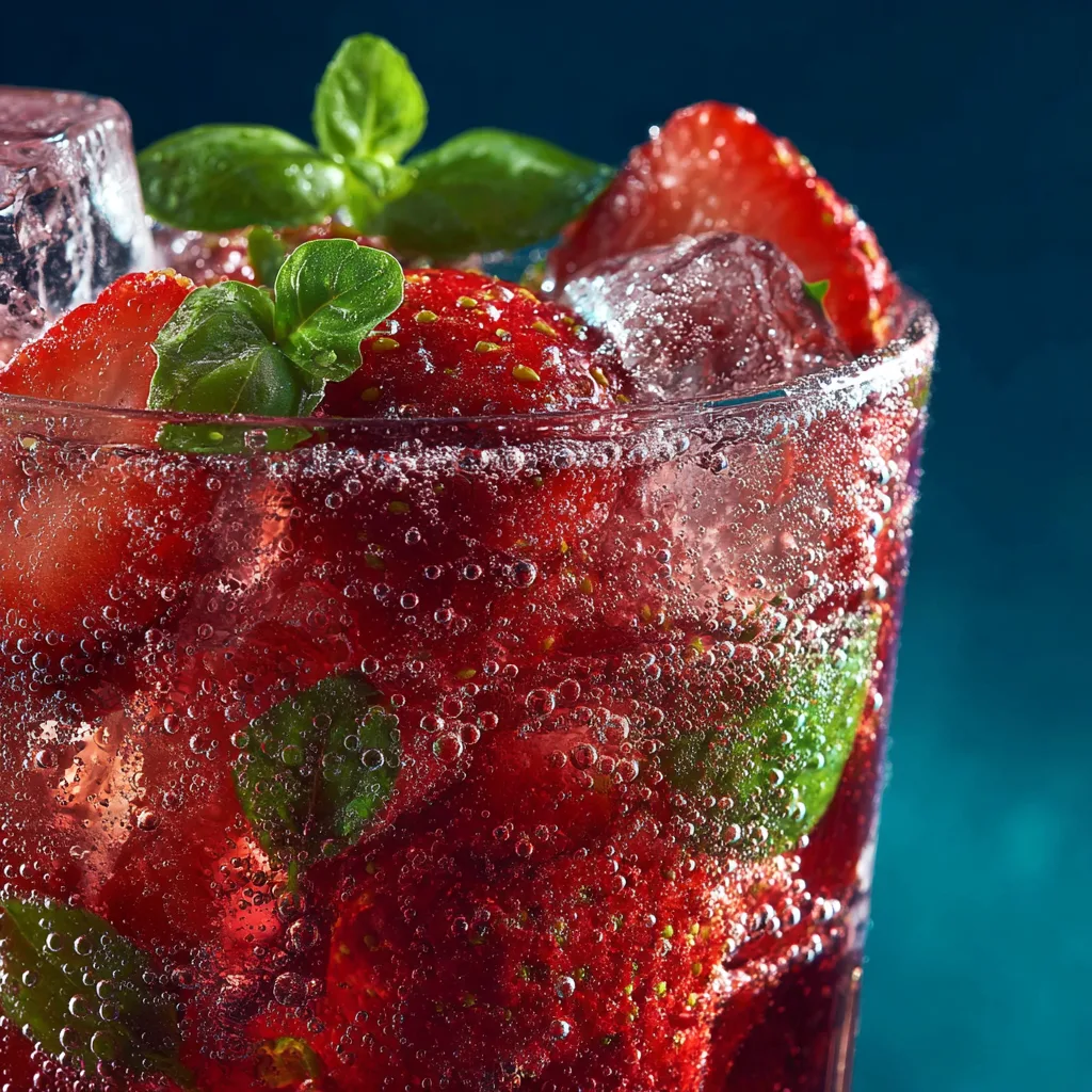 Nahaufnahme Erdbeer-Basilikum Mocktail mit Eiswürfeln und Kondenswasser am Glas - alkoholfreie Früchte