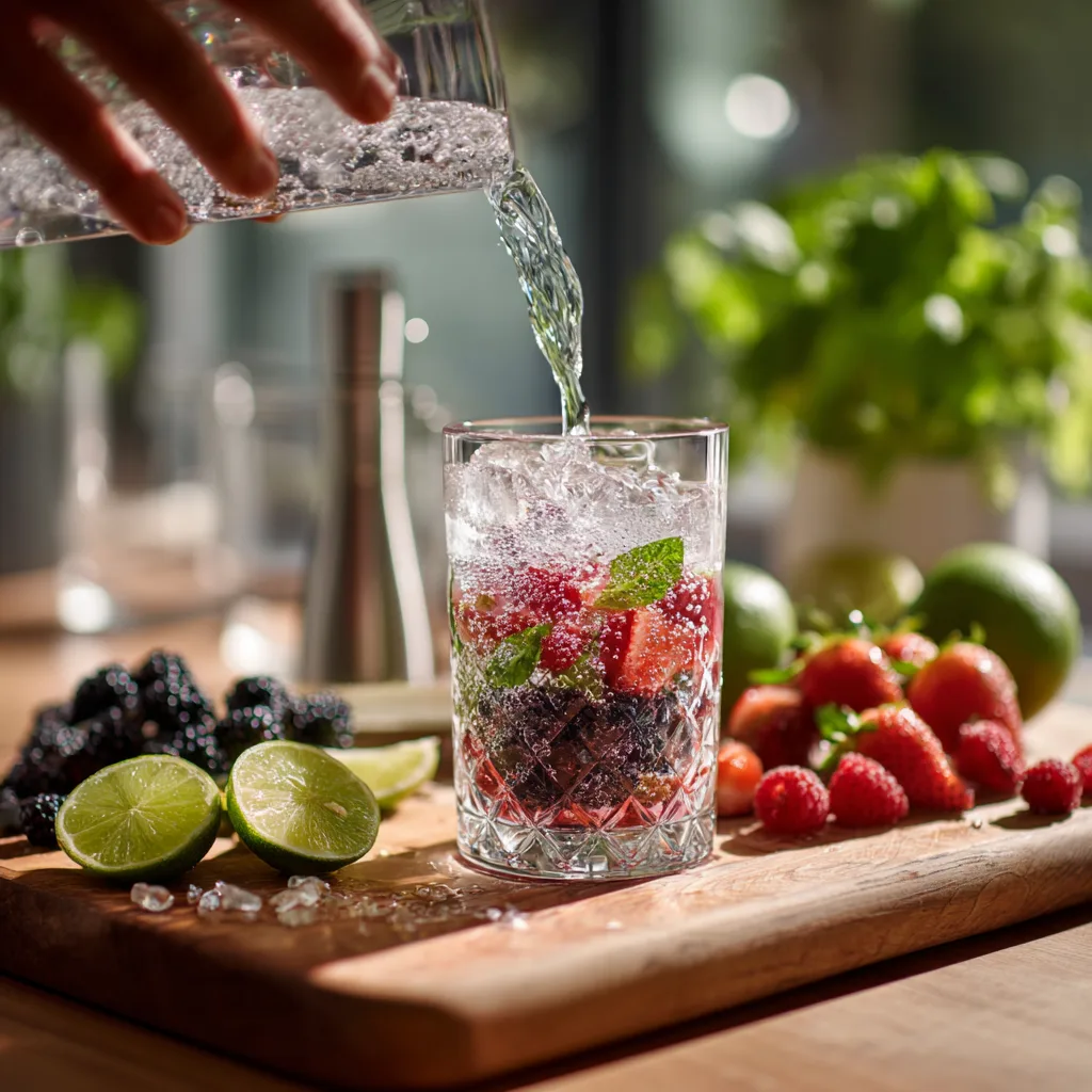 Zubereitung alkoholfreier Früchte Cocktails - Sprudelwasser wird in Glas mit frischen Beeren gegossen