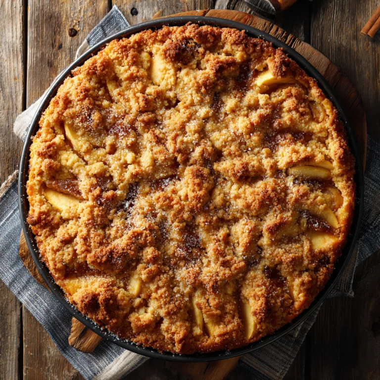 Apfelkuchen mit Streusel von oben fotografiert auf rustikalem Holztisch mit goldbraunen knusprigen Streuseln