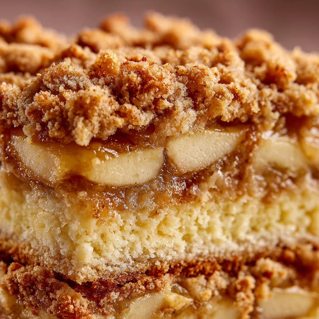 Nahaufnahme Apfelkuchen mit Streusel Schichten zeigt saftigen Apfel butterige Streusel und lockeren Teigboden