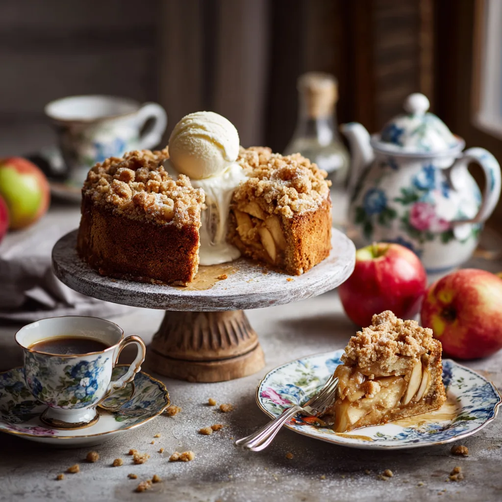 Serviertes Stück Apfelkuchen mit Streusel mit Vanilleeis auf elegantem Teller mit Kaffee im Hintergrund