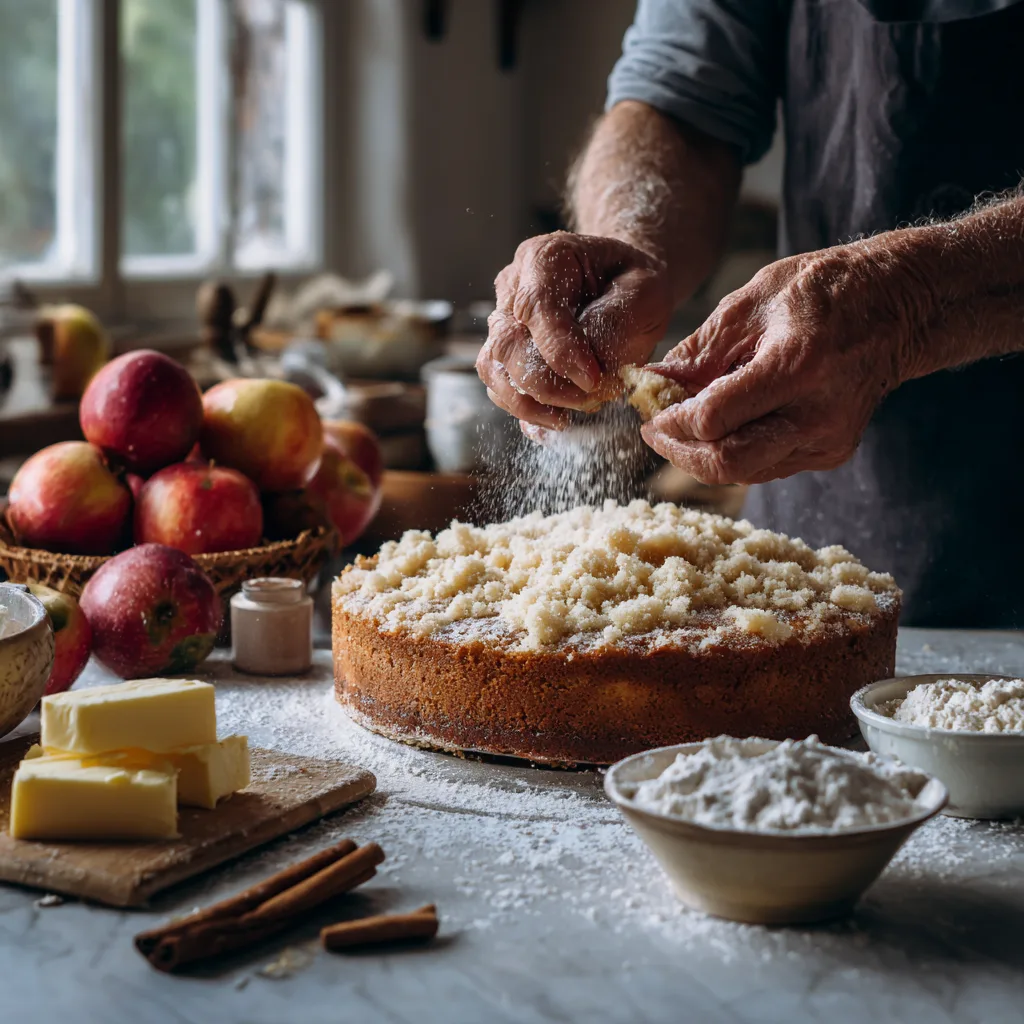 Hände bereiten Streusel für Apfelkuchen mit Streusel zu mit Butter Mehl und Zucker auf Marmor Arbeitsplatte