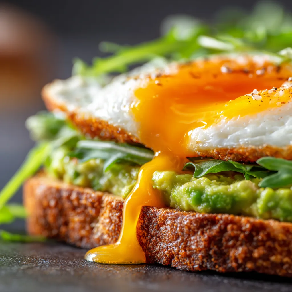 Nahaufnahme von durchgeschnittenem Avocado-Sandwich mit Ei & Rucola mit flüssigem Eigelb
