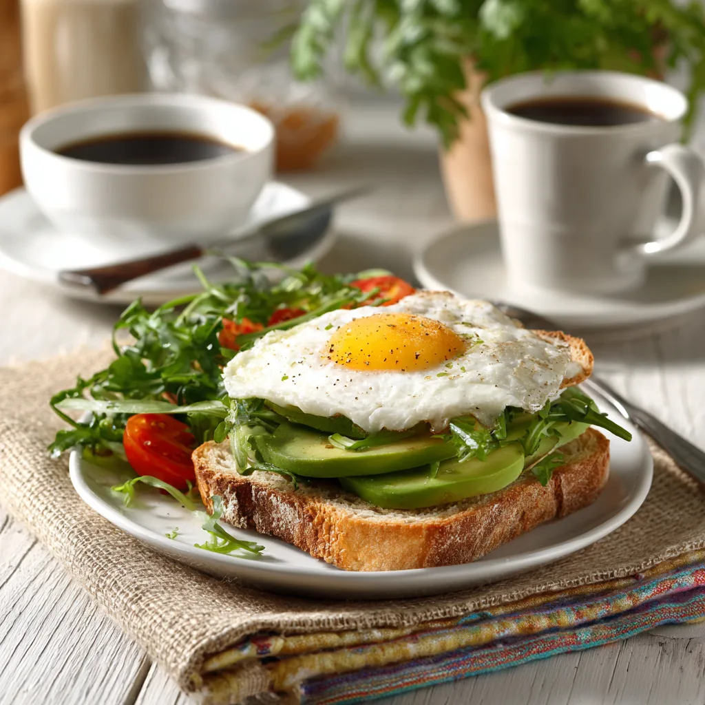 Serviertes Avocado-Sandwich mit Ei & Rucola auf weißem Teller mit Beilagensalat und Kaffee