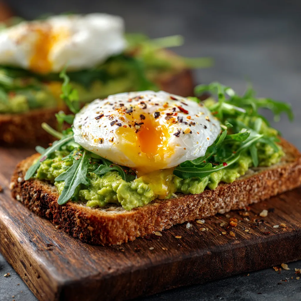 Avocado-Sandwich mit Ei & Rucola von oben fotografiert auf Holzbrett mit pochiertem Ei