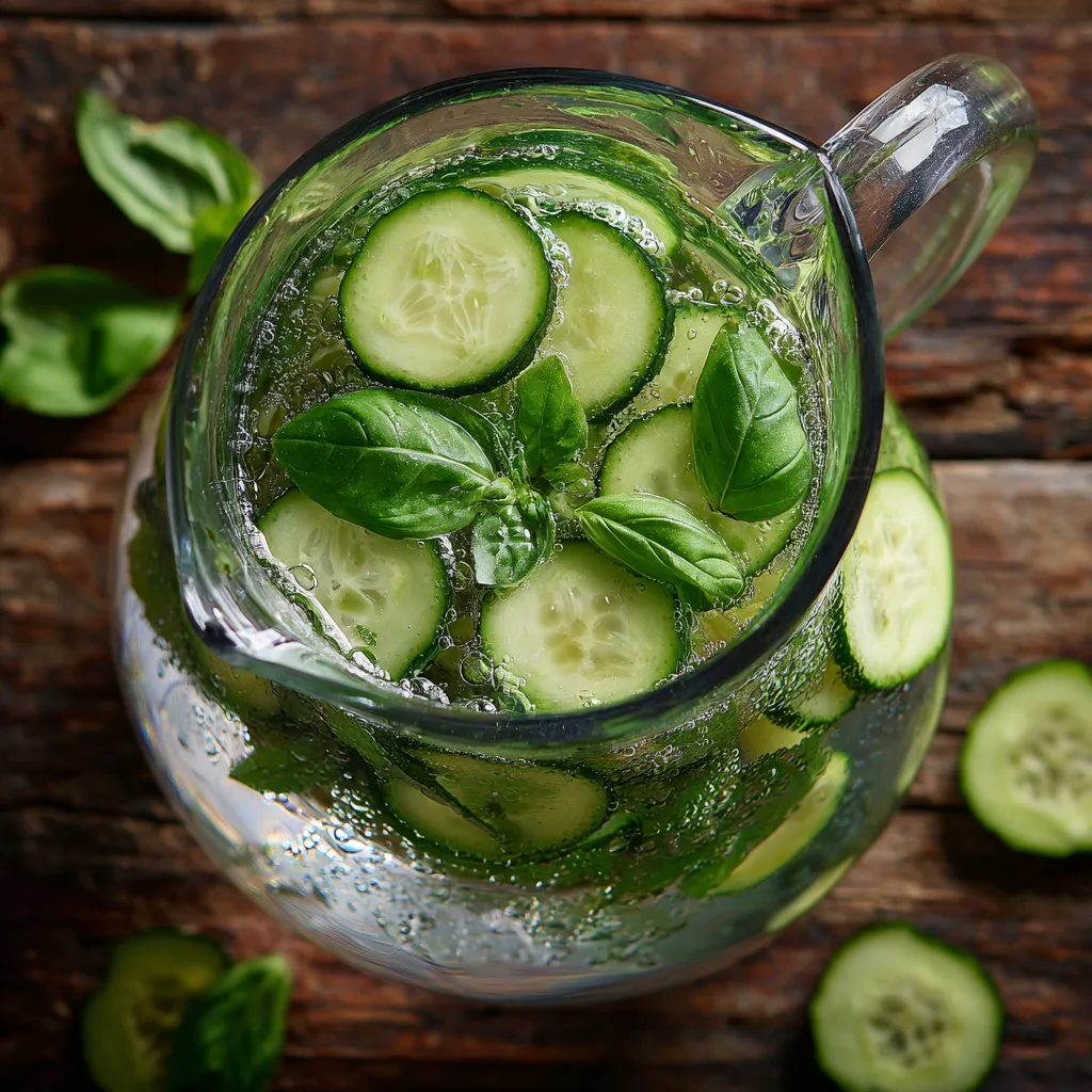 Basilikum-Gurken-Wasser in Glaskrug mit frischen Gurkenscheiben und Basilikumblättern von oben fotografiert