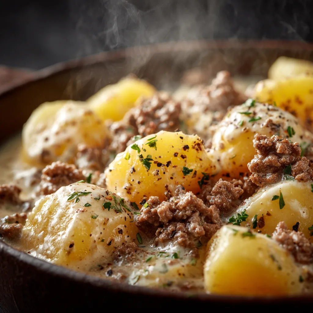 Nahaufnahme von cremigem Bauerntopf mit Hackfleisch und Kartoffelstücken