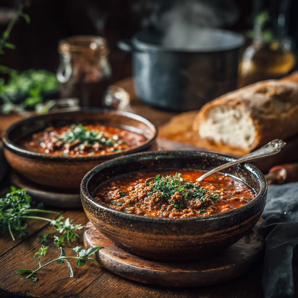 Servierter Bauerntopf mit Hackfleisch in rustikaler Schüssel mit Brot