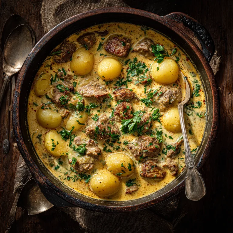 Bauerntopf mit Hackfleisch und Kartoffeln in rustikalem Topf von oben fotografiert