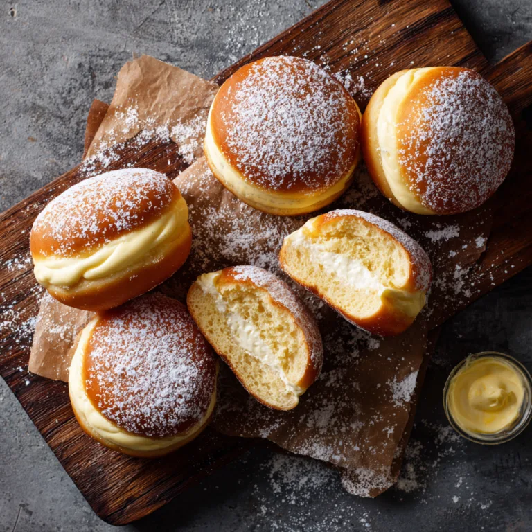bayerische Creme Donuts von oben auf Holzbrett mit Puderzucker