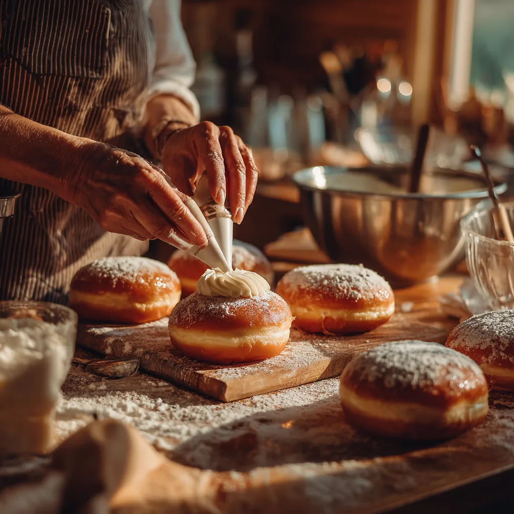 Bayerische Creme Donuts befüllen mit Spritzbeutel Schritt für Schritt