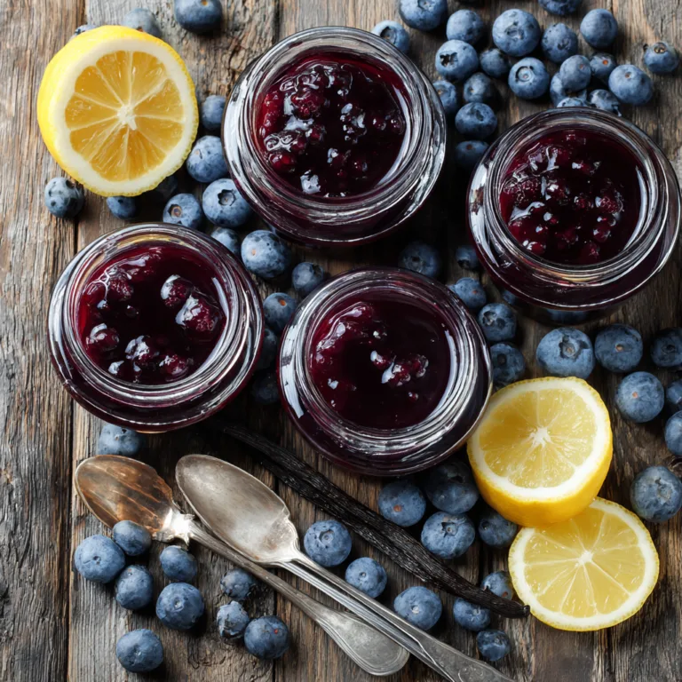 Blaubeer Gelee in Einmachgläsern mit frischen Heidelbeeren und Vanilleschote – Draufsicht