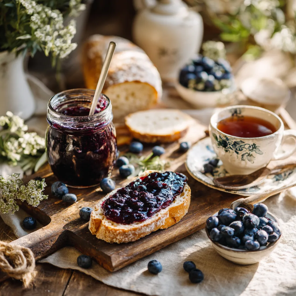 Blaubeer Gelee auf Brot zum Frühstück serviert – rustikale Tischdekoration