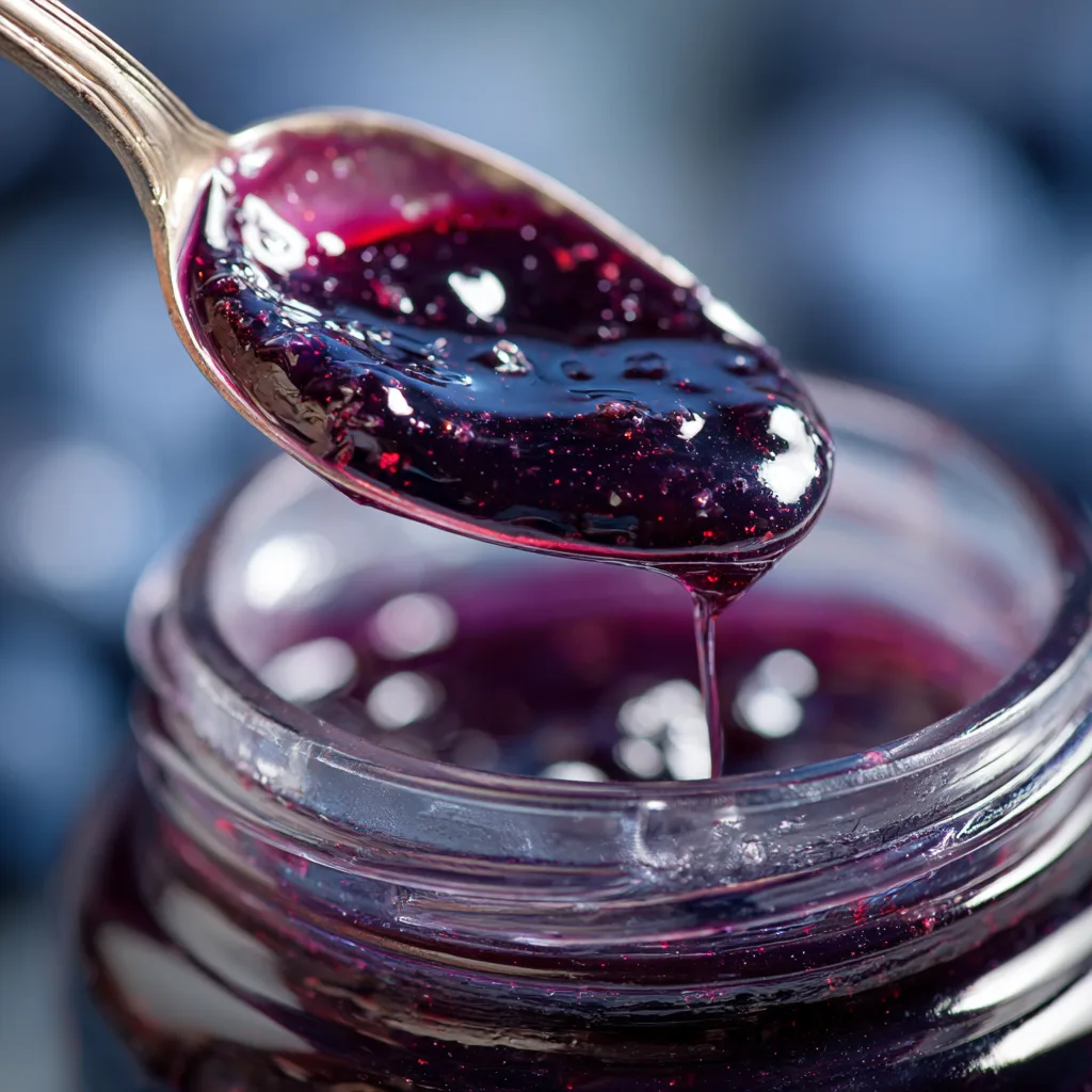 Nahaufnahme von glänzendem Blaubeer Gelee auf einem Löffel – cremige Textur