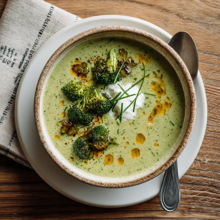 Brokkolisuppe Rezept – cremige grüne Suppe von oben mit Brokkoli-Röschen und Crème fraîche