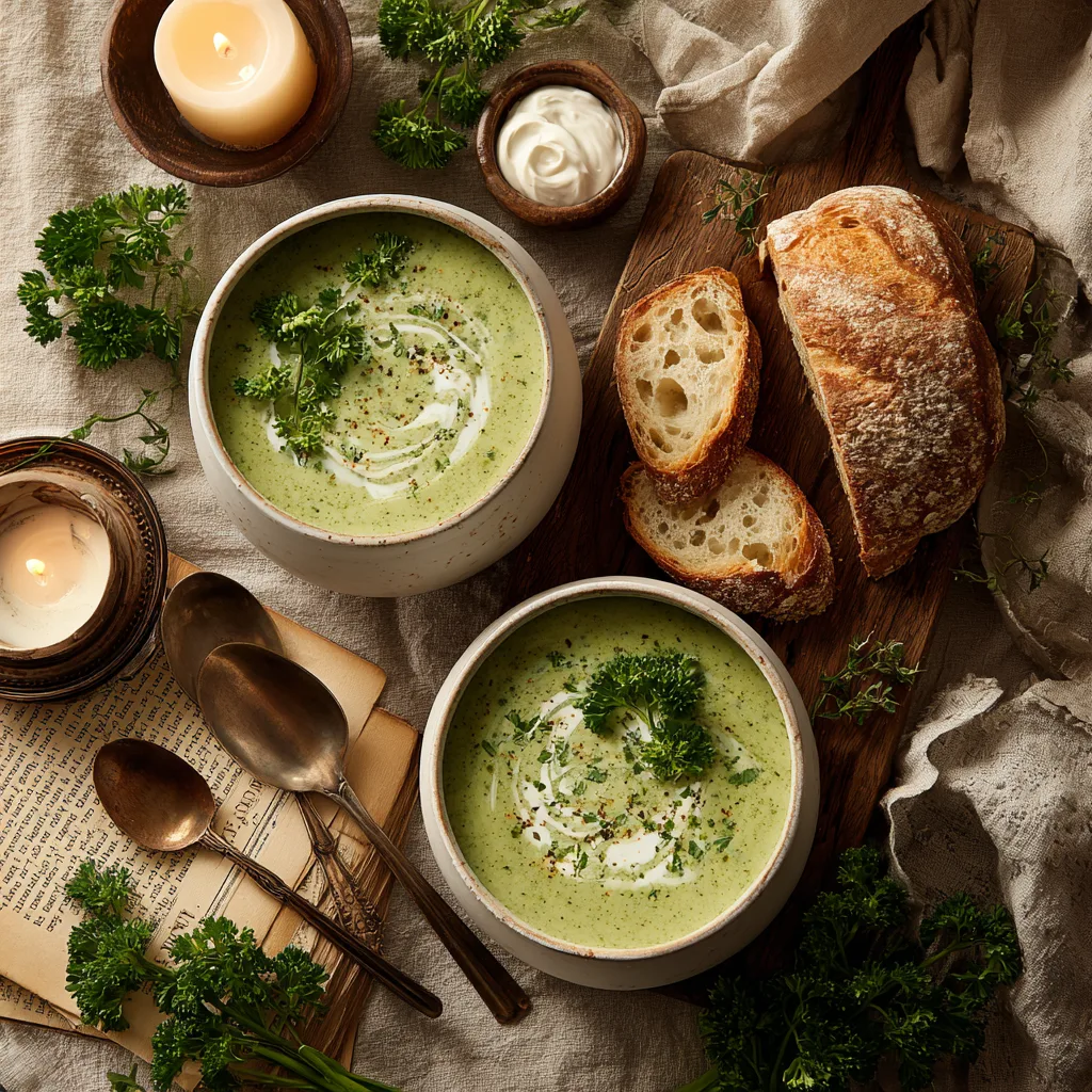 Brokkolisuppe serviert auf gedecktem Tisch mit Brot und Beilagen – einfaches Hausrezept