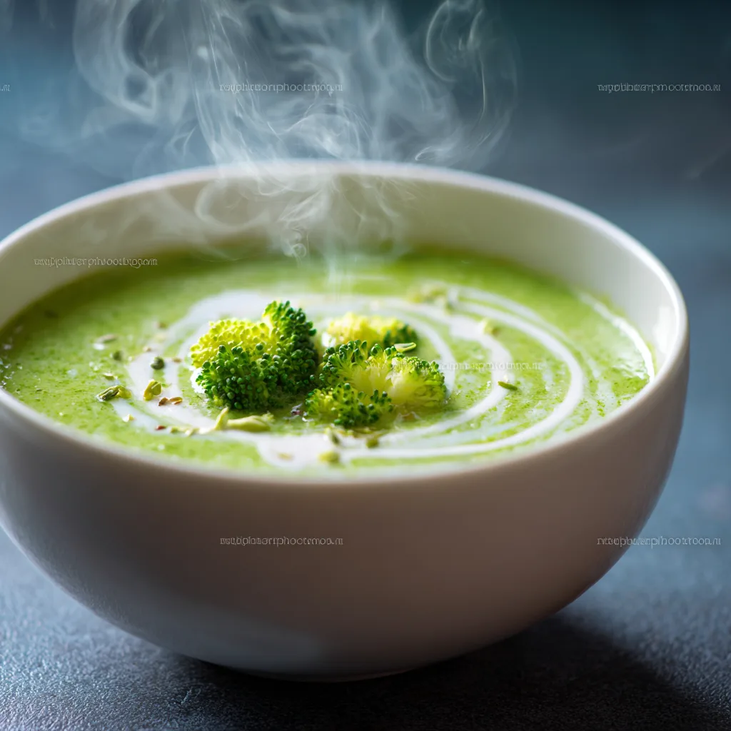 Nahaufnahme cremiger Brokkolisuppe – samtige Textur mit Sahne und Gewürzen