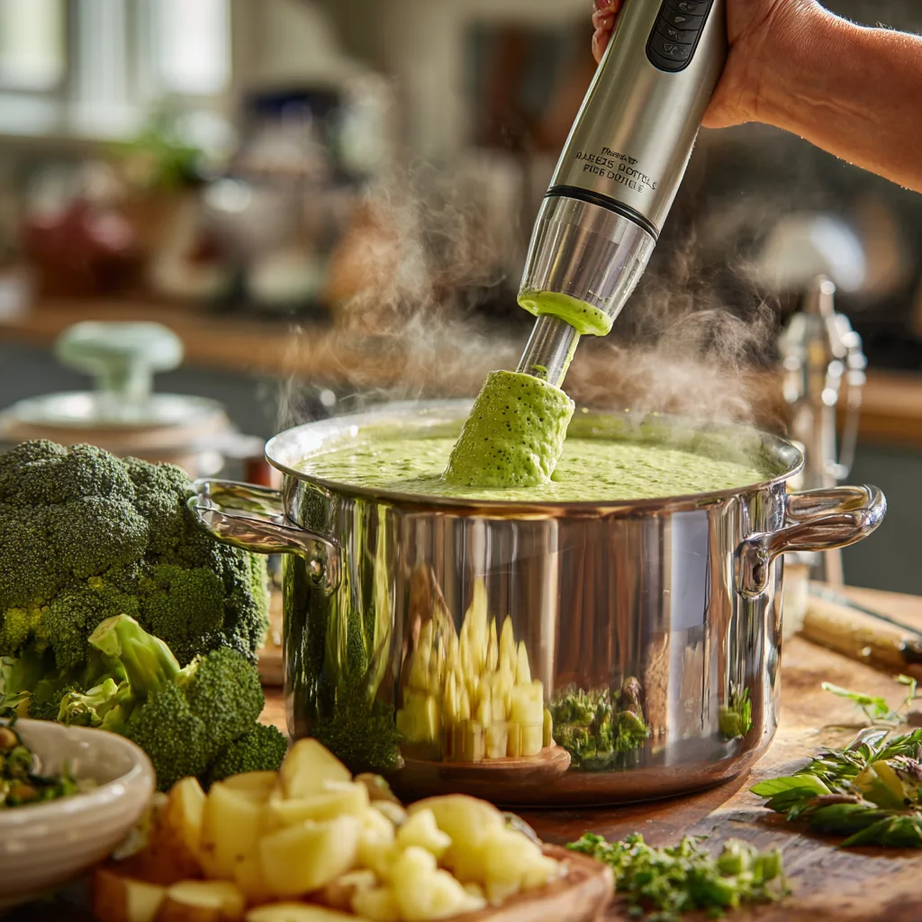 Brokkolisuppe zubereiten – Stabmixer püriert Brokkoli-Kartoffelsuppe im Topf