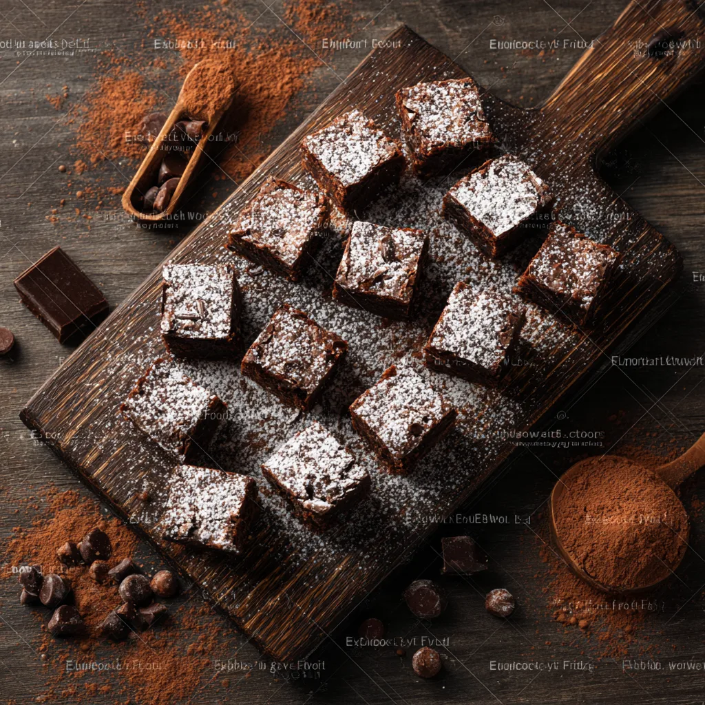 Brownie Bites von oben auf Holzbrett mit Puderzucker