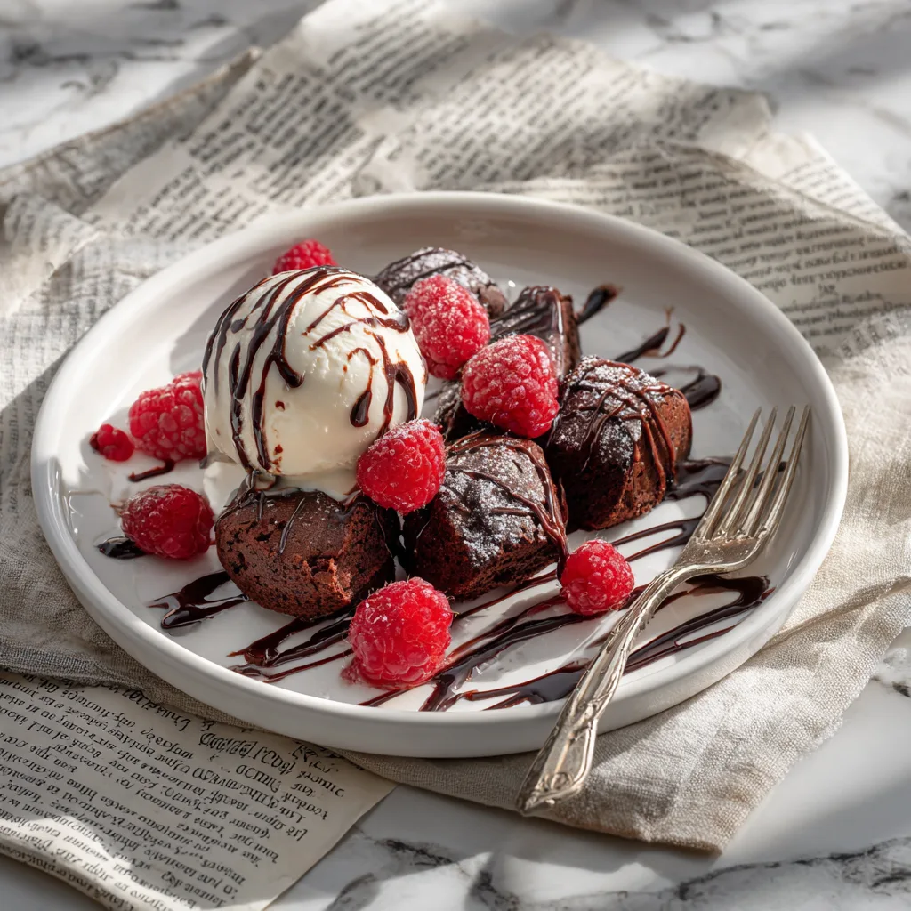 Brownie Bites serviert mit Vanilleeis und frischen Himbeeren