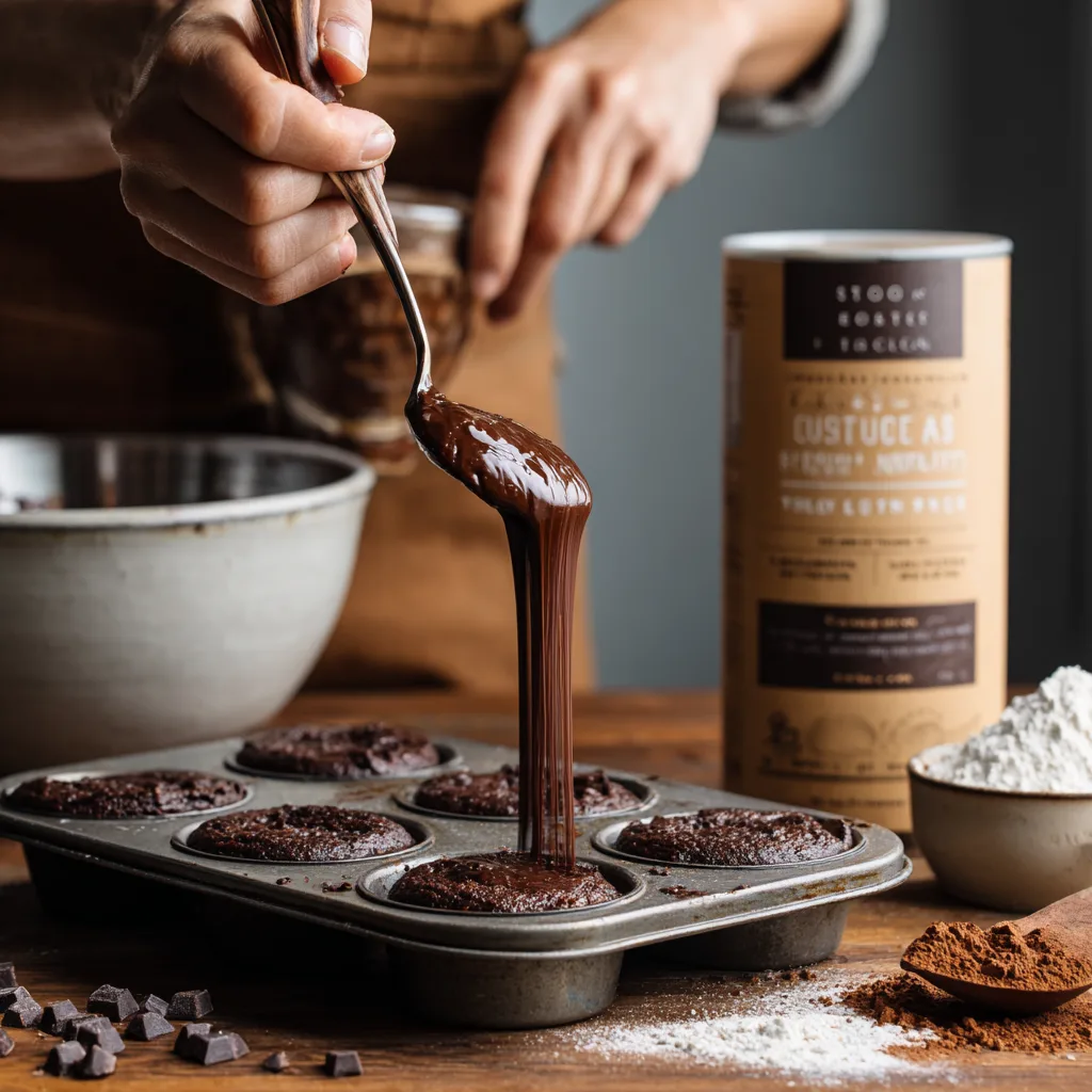 Brownie-Bites-Teig wird in Mini-Muffinform gefüllt