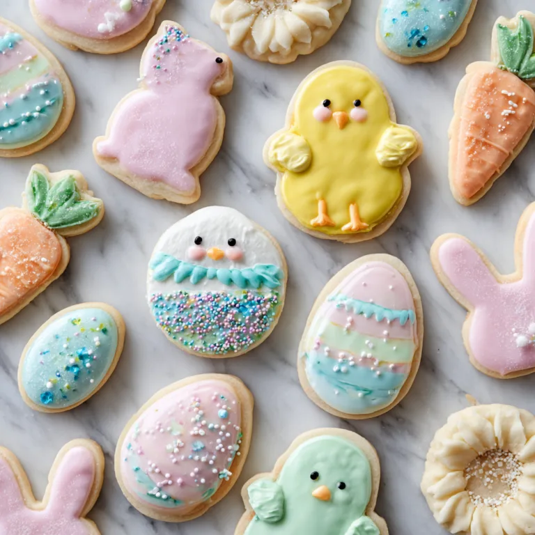 Bunte Osterkekse backen - Draufsicht auf verschiedene Osterformen mit Zuckerguss