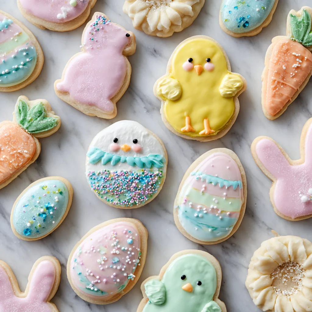 Bunte Osterkekse backen - Draufsicht auf verschiedene Osterformen mit Zuckerguss